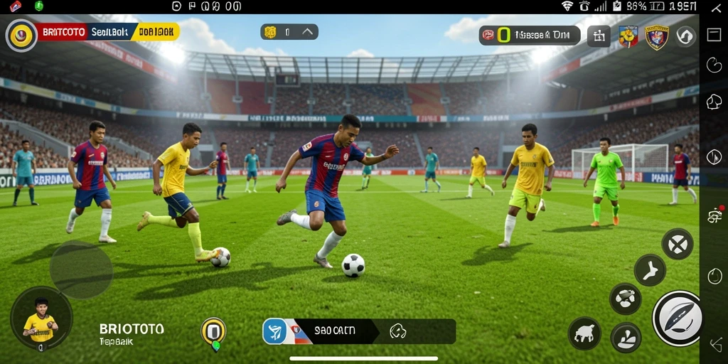 Screenshot gameplay BRIOTOTO menampilkan aksi sepak bola yang mendebarkan.