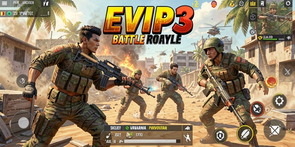 Menampilkan aksi seru dalam pertempuran Battle Royale EVIP3.