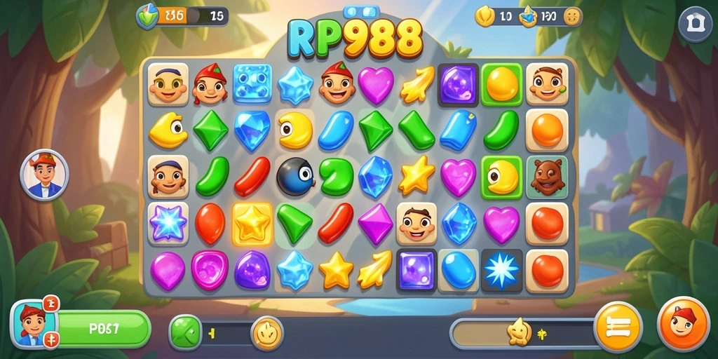 Tampilan gameplay RP888 yang menarik dengan elemen Match-3 yang penuh warna.