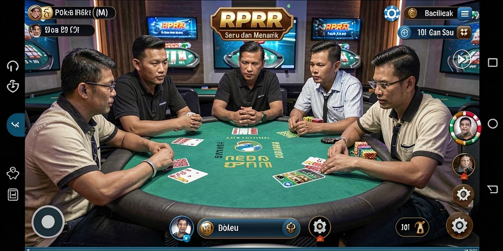 Tampilan gameplay RPRR dengan pemain yang beraksi di meja poker.