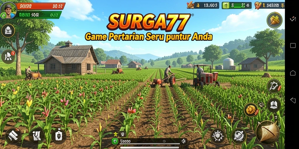 Tampilan gameplay SURGA77 yang menawan dengan ladang dan hewan ternak.